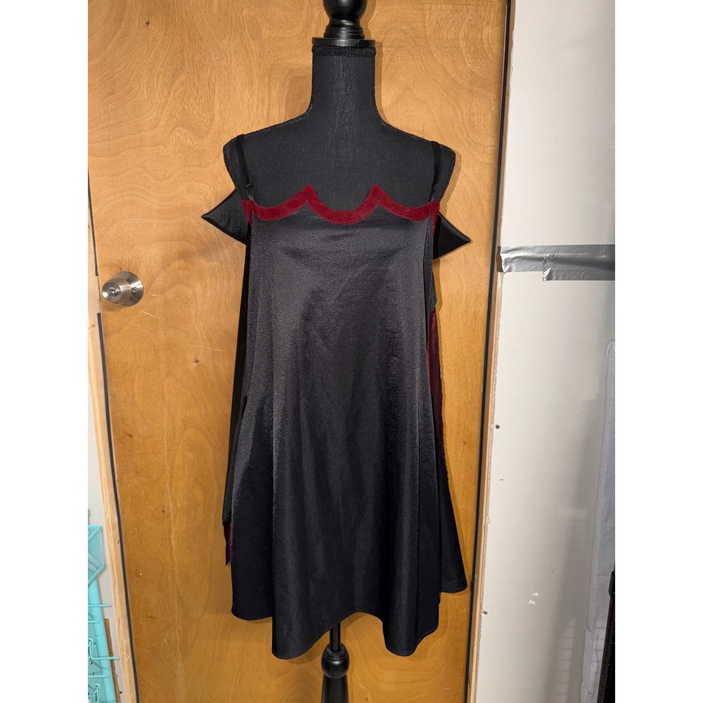 Gothic Black Satin Cape Dress Burgundy Velvet Trim Cosplay Vampire Aesthetic